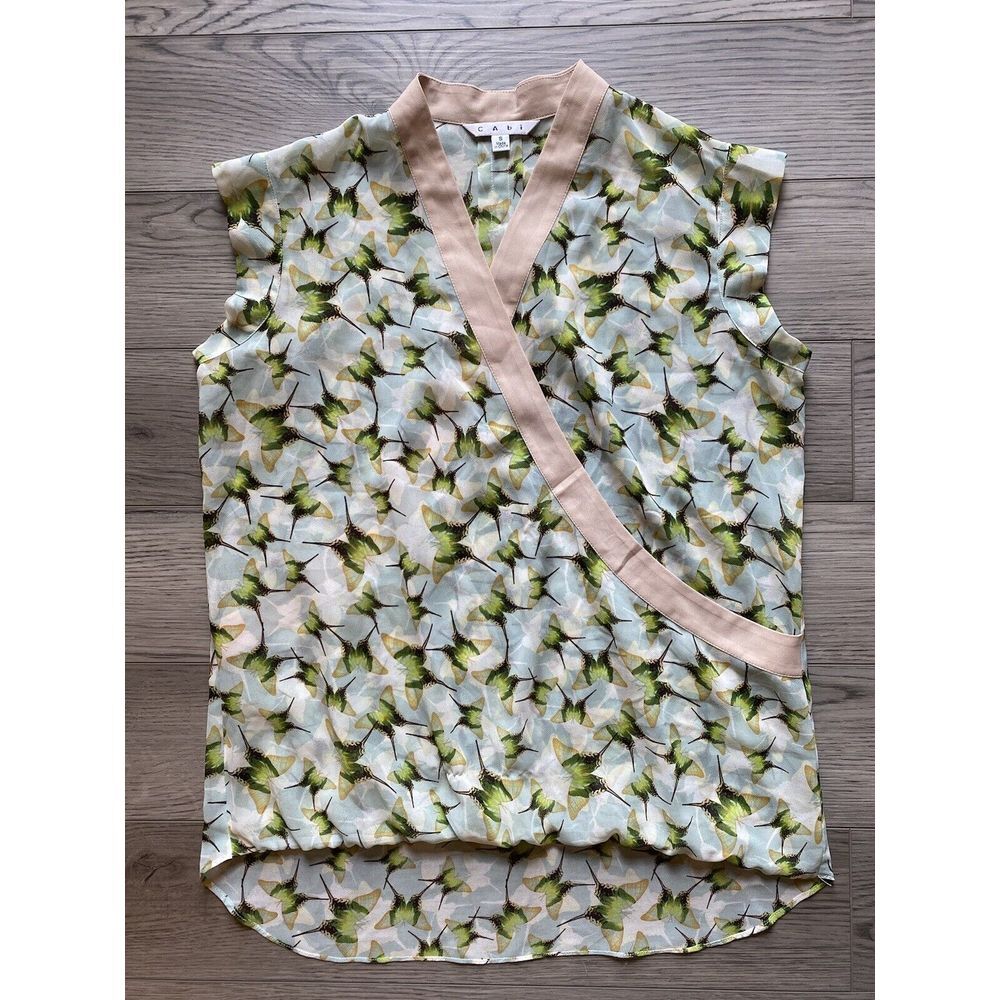 CAbi Butterfly‎ Faux Wrap Multicolor Cap Sleeve Blouse Semi-Sheer Size Small